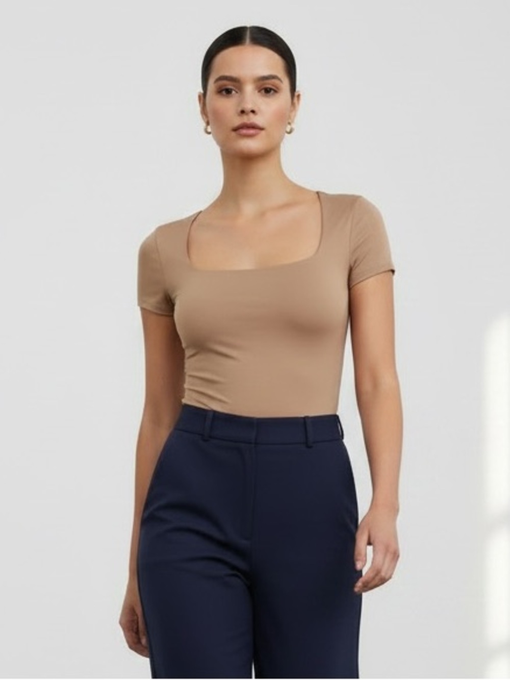 1428 • Mocha Rounded Square Neck Cheeky Bodysuit w/Double Layer Front